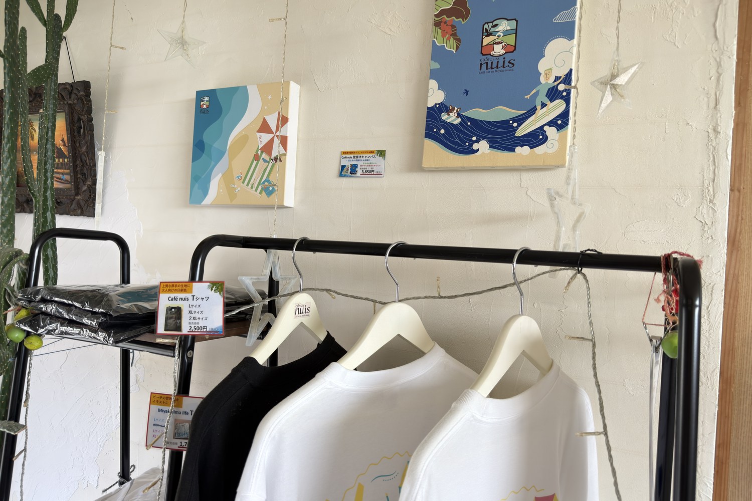 壁に飾られた絵と、ハンガーに掛かったTシャツ